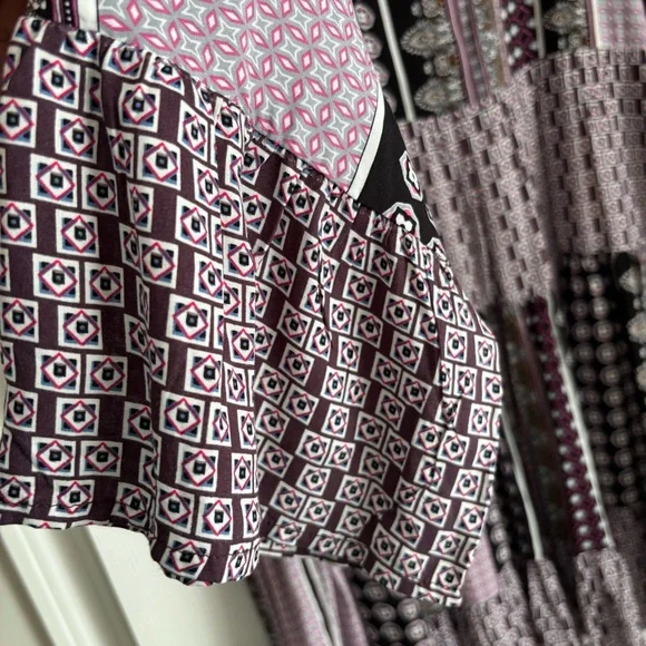 VTG Christian Caliendo Women BoHo Purple/White/Black Geo Print Dress Large Flair - Picture 7 of 8